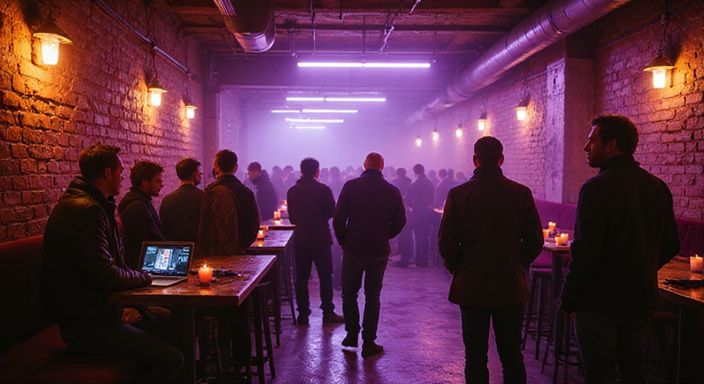 Volwassenen converseren ontspannen in een sfeervolle underground omgeving.