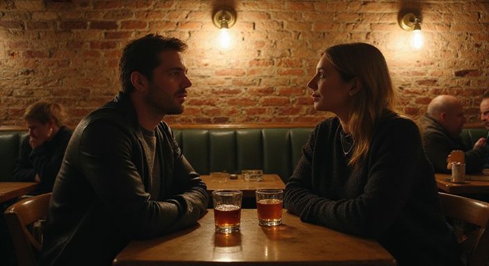 Twee volwassenen delen een intiem gesprek over BDSM dating Vlaanderen aan een houten tafel.