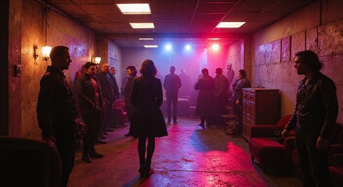 Een levendige underground scène met authentieke interactie tussen volwassenen.