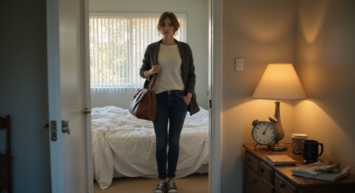 Een vrouw in een slaapkamer met een zelfverzekerde houding en praktische kleding