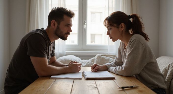 Twee volwassenen in geconcentreerd gesprek over een friends with benefits relatie.