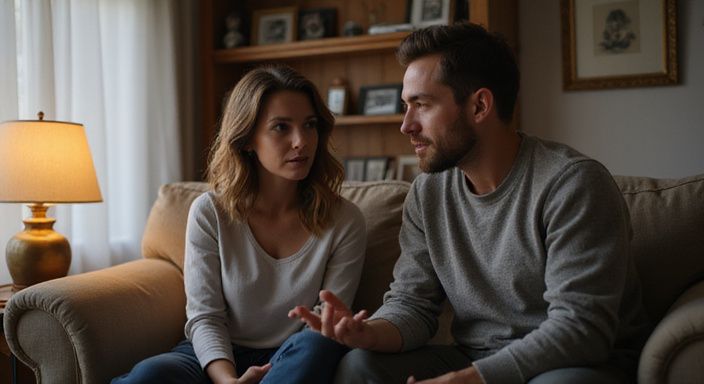 Een vrouw en man delen een intiem gesprek op een bank. Een vrouw en man delen een intiem gesprek over friends with benefits op een bank.
