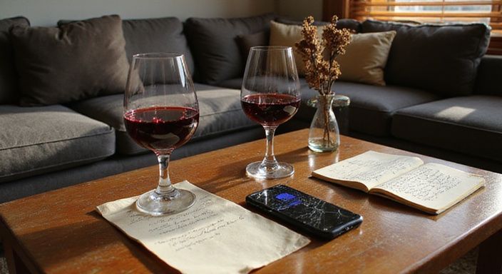 Twee wijnglazen, een notitie en een smartphone op een houten tafel. Twee wijnglazen, een notitie en een smartphone op een houten tafel.