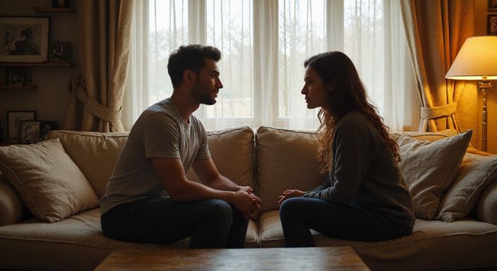 Twee volwassenen hebben een intiem gesprek over friends with benefits op een versleten bank