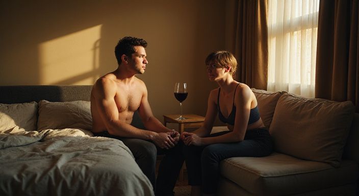 Twee volwassenen zitten emotioneel gescheiden op een bank in een slaapkamer. Twee volwassenen zitten emotioneel gescheiden op een bank in een slaapkamer.
