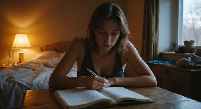 Een jonge vrouw schrijft geconcentreerd in een notitieboekje. Een jonge vrouw schrijft geconcentreerd in een notitieboekje.