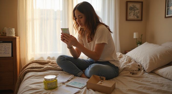 Een vrouw leert over seksuele gezondheid met contraceptiematerialen op bed