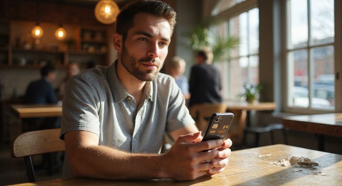 Een man zit in een koffiehuis en gebruikt een datingapp voor gratis sexcontact in Oost-Vlaanderen.