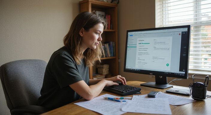 Een vrouw werkt geconcentreerd aan haar bureau met digitale beveiliging.