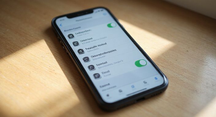 Een smartphone op een houten bureau toont de iOS-instellingen.