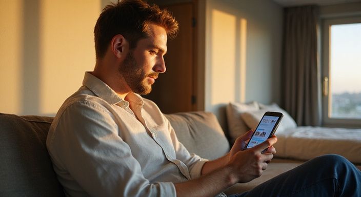 Een man zit ontspannen op de bank en gebruikt een datingapp voor gratis sexcontact in Oost-Vlaanderen.