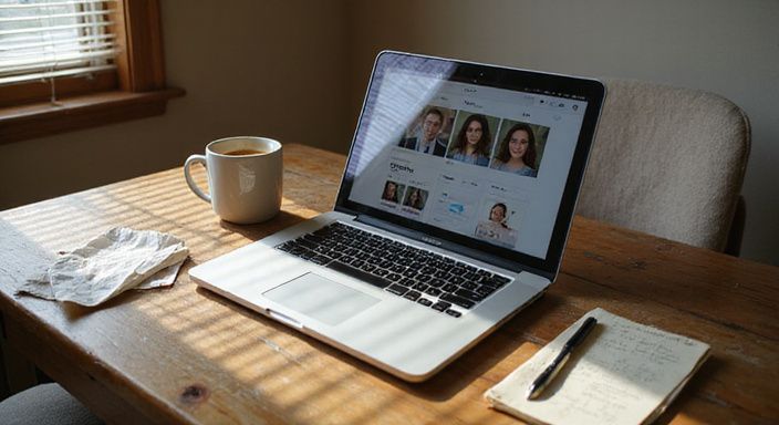 Een MacBook Pro op een versleten bureau met rommelige aantekeningen. gratis sexdate in Brussel zoeken