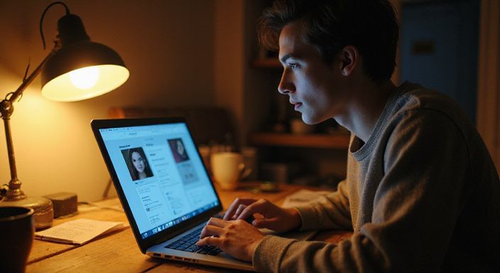 Een jonge volwassene verdiept in digitale dating op hun laptop. Een jonge volwassene verdiept in digitale dating op hun laptop.