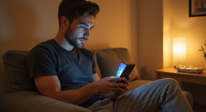 Een man in een appartement, gefocust op zijn smartphone. Een man zoekt naar een gratis sexdate in Brussel