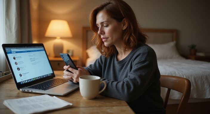 Een vrouw in haar mid-veertig concentreert zich op haar smartphone. Een vrouw in haar mid-veertig concentreert zich op haar smartphone.