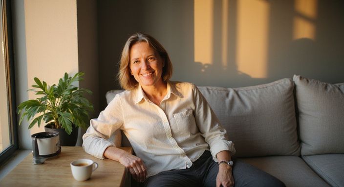 Een ontspannen vrouw in een moderne woonkamer met Scandinavische meubels. Een ontspannen vrouw in een moderne woonkamer met Scandinavische meubels.