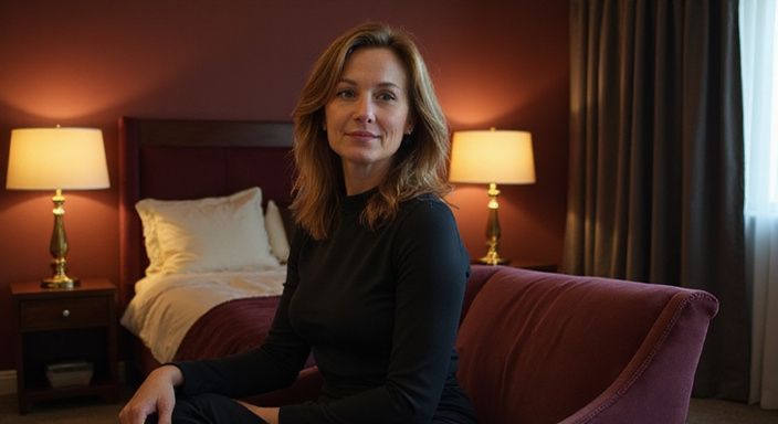 Een vrouw in een burgundy fauteuil, denkend en ontspannen. Een vrouw in een burgundy fauteuil, denkend en ontspannen.