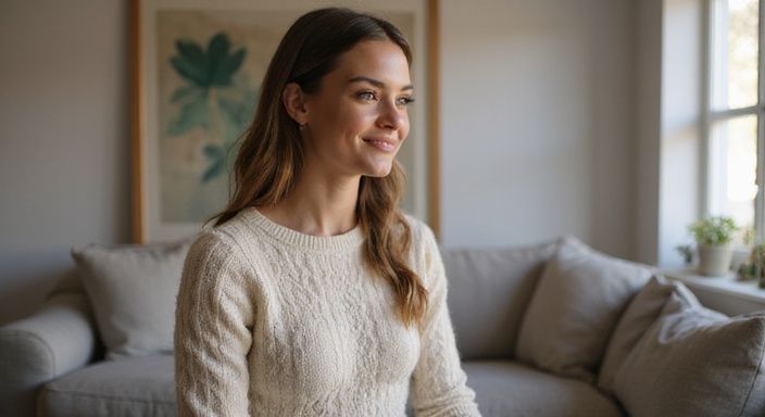 Een jonge vrouw luistert aandachtig met een oprechte glimlach. Een jonge vrouw luistert aandachtig met een oprechte glimlach.