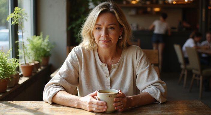 Een vrouw in de veertig geniet van haar koffie en smartphone. Een vrouw in de veertig geniet van haar koffie en smartphone.