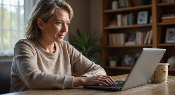 Een vrouw in loungewear verdiept in een datingapp op haar laptop. Een vrouw in loungewear verdiept in een datingapp voor een rijpe vrouwen sexdate op haar laptop.