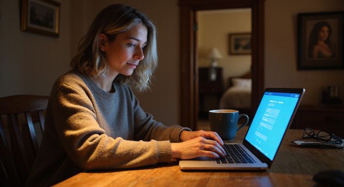 Een vrouw in haar vijftig met een contemplatieve uitstraling achter een bureau. Een vrouw in haar vijftig met een contemplatieve uitstraling achter een bureau.