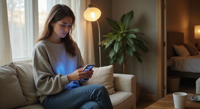 Vrouw in comfortabele kleding bekijkt een datingapp op haar smartphone. Vrouw in comfortabele kleding bekijkt een datingapp op haar smartphone.
