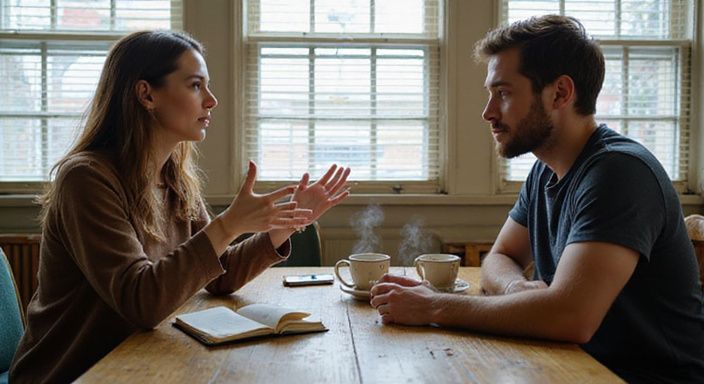 Een man en vrouw hebben een intiem gesprek in een koffiehuis. Een man en vrouw hebben een intiem gesprek over een rijpe vrouwen sexdate in een koffiehuis.