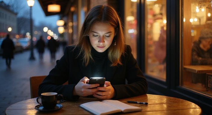 Een jonge vrouw bestudeert bezorgd een datingprofiel in een café. Een jonge vrouw bestudeert bezorgd een datingprofiel in een café.
