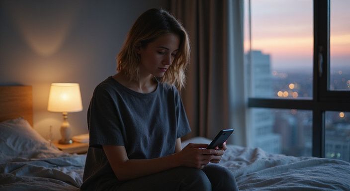 Een vrouw zit op een platformbed en kijkt contemplatief naar haar smartphone. Een vrouw zit op een platformbed en kijkt contemplatief naar haar smartphone.