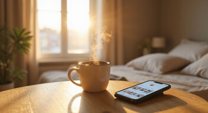 Een smartphone op een houten bureau met een koffieblik en dating-app.