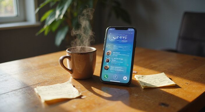 Een smartphone met dating-app voor sexcontact in Brugge en koffie op een houten bureau.