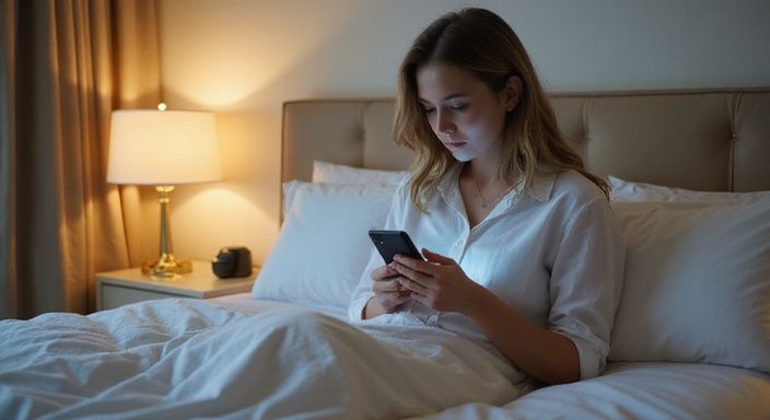 Een vrouw in een hotelkamer leest geconcentreerd op haar smartphone.