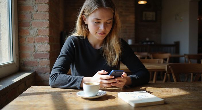 Een vrouw kijkt gefocust naar haar smartphone in een café.
