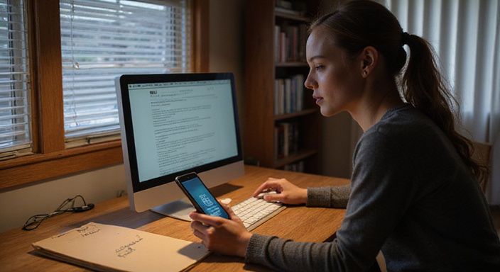 Vrouw geconcentreerd aan het werk met juridische teksten op haar laptop.