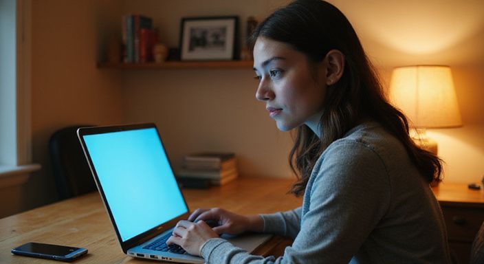Een vrouw in een thuiswerkplek, geconcentreerd tijdens een videogesprek.