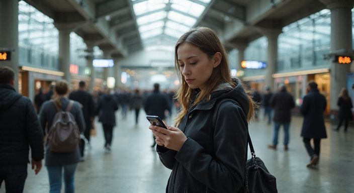 Een vrouw kijkt geconcentreerd naar haar smartphone in een druk treinstation. Een vrouw kijkt geconcentreerd naar haar smartphone in een druk treinstation.
