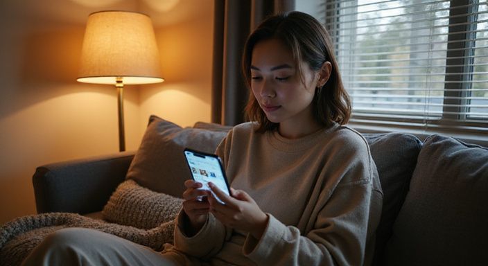 Een vrouw zit contemplatief op een bank met een smartphone. Een vrouw zit contemplatief op een bank met een smartphone.