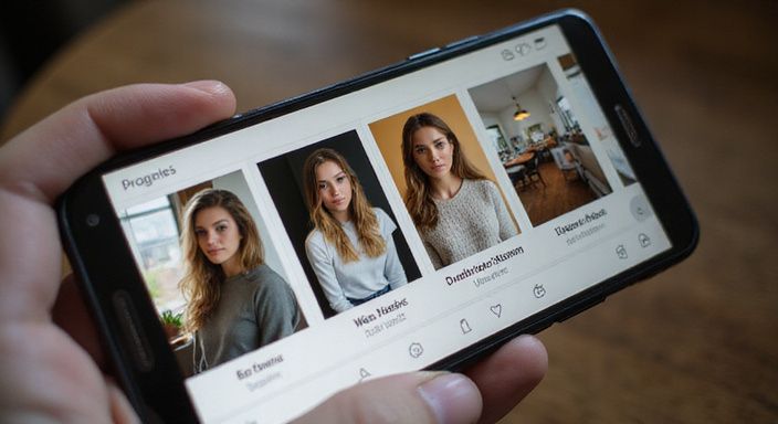 Een datingapp-interface met vrouwenprofielen in verschillende omgevingen. Een datingapp-interface met vrouwenprofielen voor sexcontact in Hasselt.