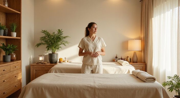 Een serene massagesalon met een professioneel ingerichte massagetafel en planten. Een serene massagesalon met een professioneel ingerichte massagetafel en planten.