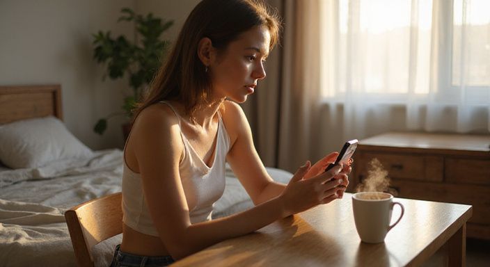 Een vrouw op een minimalistisch bureau, gefocust op haar smartphone. Een vrouw op een minimalistisch bureau, gefocust op haar smartphone.