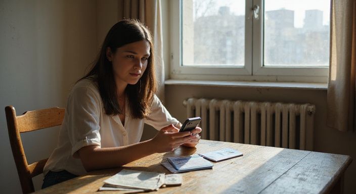 Een jonge vrouw bestudeert geconcentreerd haar smartphone aan een tafel. Een jonge vrouw bestudeert geconcentreerd haar smartphone aan een tafel.