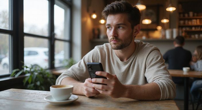 Een jongvolwassene zit contemplatief met een smartphone in een café. Een jongvolwassene zoekt een sexcontact in Hasselt.