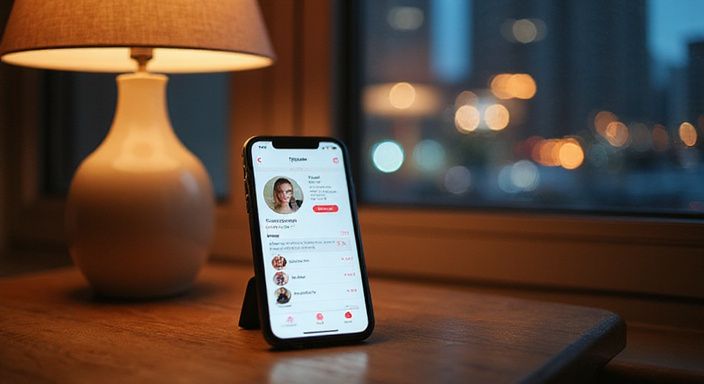 Een geconcentreerde persoon werkt aan een laptop met notities en een smartphone. Een smartphone op een nachtkastje met een datingapp voor sexcontact in Hasselt.