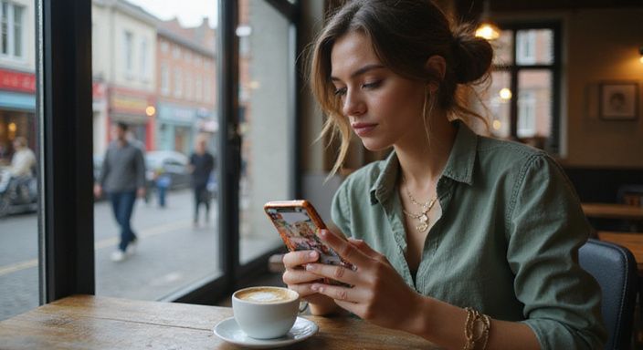 Een vrouw in een café overweegt haar datingapp. Een vrouw in een café overweegt haar datingapp.