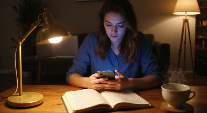 Vrouw in focus, met smartphone en open notitieboek op bureau. Vrouw in focus, met smartphone en open notitieboek op bureau.