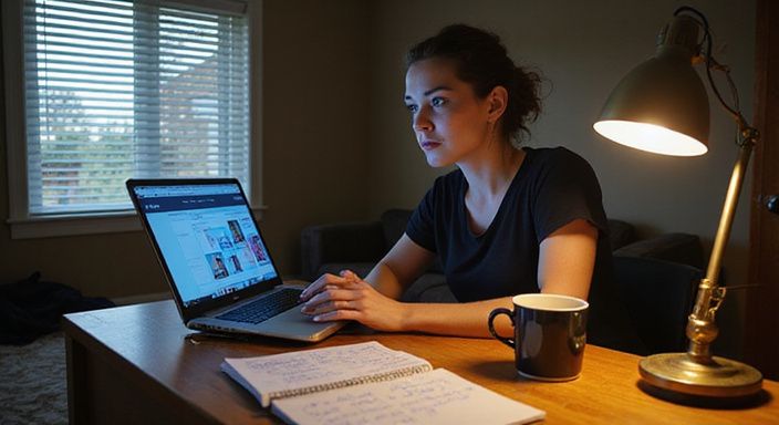 Een vrouw in een thuiskantoor onderzoekt een datingapp op haar laptop. Een vrouw in een thuiskantoor bekijkt een datingapp voor sexcontact in Leuven.