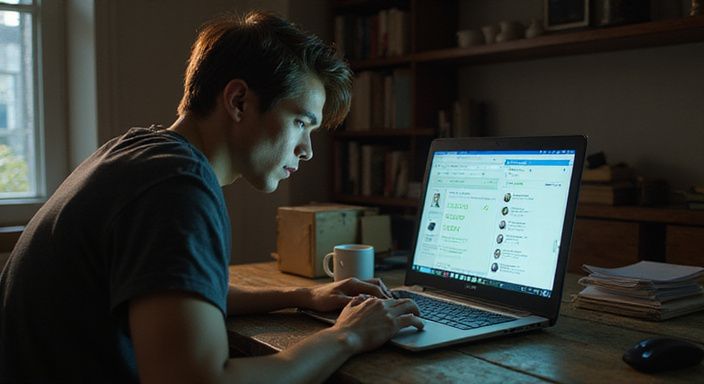 Een persoon in een thuiskantoor, geconcentreerd op een datingverificatiescherm. Een persoon in een thuiskantoor, geconcentreerd op een datingverificatiescherm.
