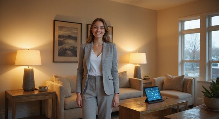 Een vrouw in zakelijke kleding staat in een moderne ontvangstruimte. Een vrouw in zakelijke kleding staat in een moderne ontvangstruimte.