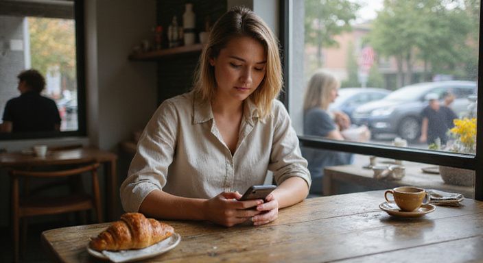 Een contemplatieve persoon zit alleen aan een tafel in een café. Een contemplatieve persoon zit alleen aan een tafel in een café.