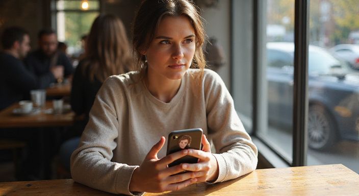 Een vrouw in een café, nadenkend over een datingapp. Een vrouw in een café, nadenkend over een datingapp voor sexcontact in Leuven.